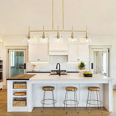 Radiant Gold 5-Light Linear Pendant Light With Seeded Glass For Large Kitchen Islands