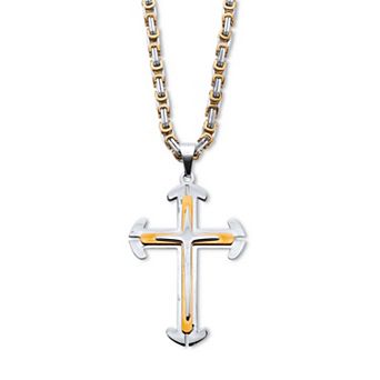 Men's Triple Layer Cross Necklace Two-tone Gold Ion-Plated Stainless Steel 24"