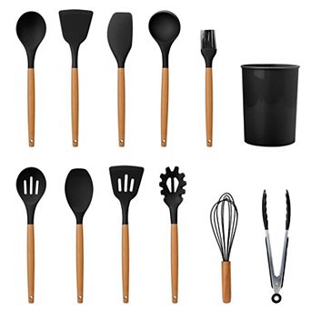 11 pc Silicone Cooking Utensil Set with Wooden Handles, Holder