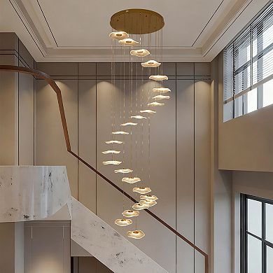 24-Light Modern Gold Dimmable LED Staircase Chandelier, 157" Spiral Lotus Pendant