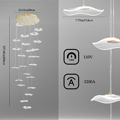 24-Light Modern Gold Dimmable LED Staircase Chandelier, 157" Spiral Lotus Pendant