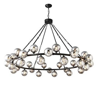 Large Modern Farmhouse Wrought Iron 36-Light Wagon Wheel Chandelier With Smoky Glass