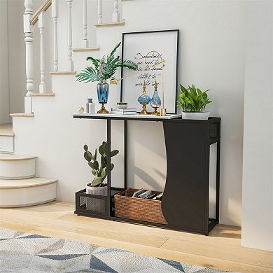 Waterproof Faux Marble Console Table with Metal Frame, Plant Storage