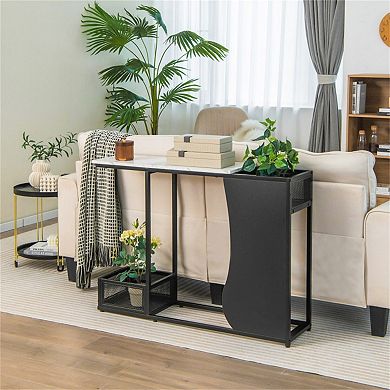 Waterproof Faux Marble Console Table with Metal Frame, Plant Storage
