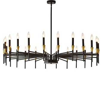 24-Light Black and Gold Wagon Wheel Chandelier, 48" Large Modern Farmhouse Industrial Pendant