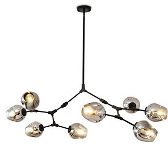 Modern 8-Light Branching Sputnik Chandelier Matte Black Metal with Smoke Gray Glass Globes