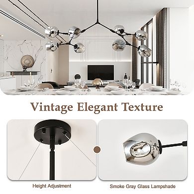 Modern 8-Light Branching Sputnik Chandelier Matte Black Metal with Smoke Gray Glass Globes