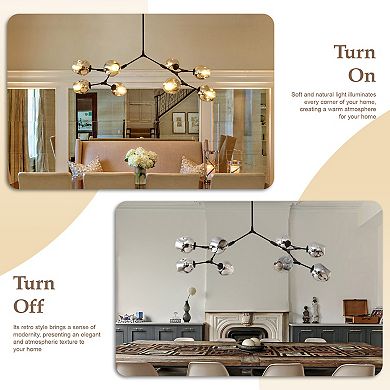 Modern 8-Light Branching Sputnik Chandelier Matte Black Metal with Smoke Gray Glass Globes
