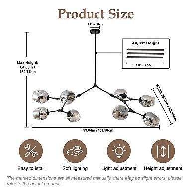 Modern 8-Light Branching Sputnik Chandelier Matte Black Metal with Smoke Gray Glass Globes