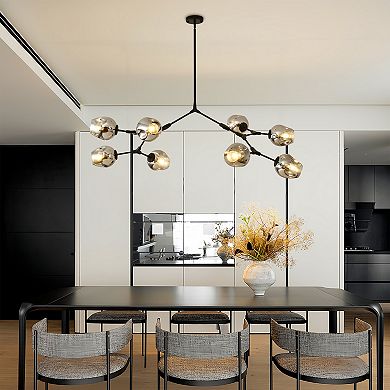 Modern 8-Light Branching Sputnik Chandelier Matte Black Metal with Smoke Gray Glass Globes