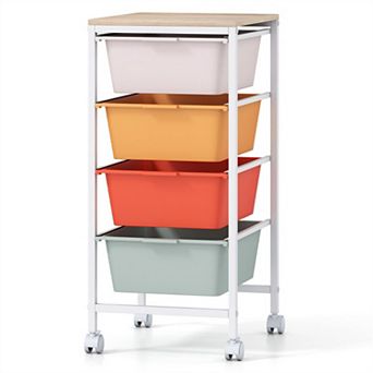 4-Drawer Rolling Storage Cart with Wooden Top and Casters