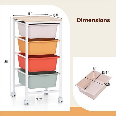 4-Drawer Rolling Storage Cart with Wooden Top and Casters