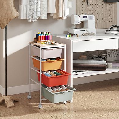 4-Drawer Rolling Storage Cart with Wooden Top and Casters