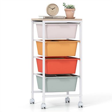 4-Drawer Rolling Storage Cart with Wooden Top and Casters