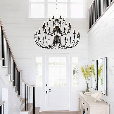 40-Light Extra Large Matte Black Farmhouse Candle Chandelier for High Ceiling Entryway
