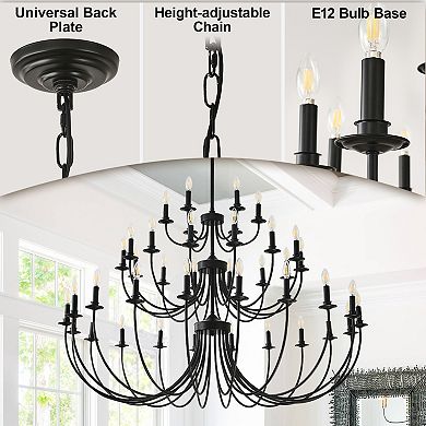 40-Light Extra Large Matte Black Farmhouse Candle Chandelier for High Ceiling Entryway