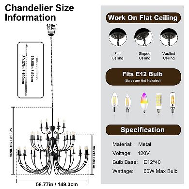 40-Light Extra Large Matte Black Farmhouse Candle Chandelier for High Ceiling Entryway