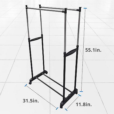 Double Rod Rolling Garment Rack with Lockable Wheels
