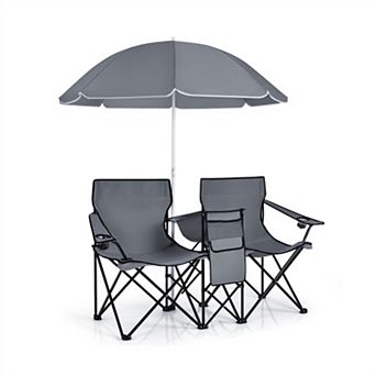 2-Seat Folding Camping Chair with Adjustable Umbrella and Cooler