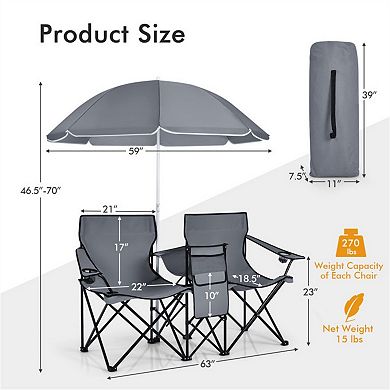 2-Seat Folding Camping Chair with Adjustable Umbrella and Cooler