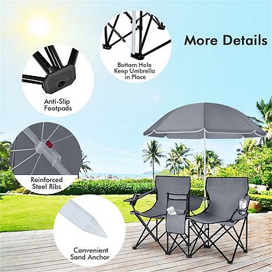 2-Seat Folding Camping Chair with Adjustable Umbrella and Cooler