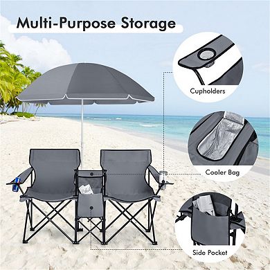 2-Seat Folding Camping Chair with Adjustable Umbrella and Cooler