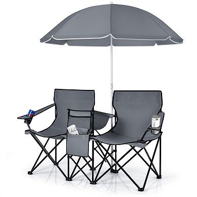 2-Seat Folding Camping Chair with Adjustable Umbrella and Cooler
