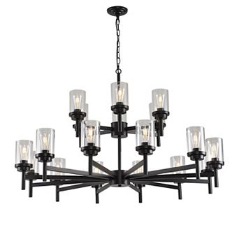 Matte Black 48-Inch 18-Light Two-Tier Industrial Farmhouse Chandelier With Clear Glass