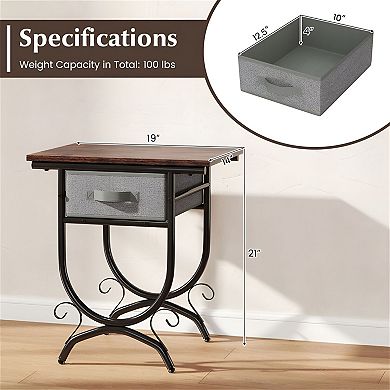 Living Room Side Table with Storage Drawer, Metal Frame, and Rustic Design - Black and Grey