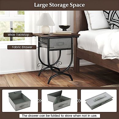 Living Room Side Table with Storage Drawer, Metal Frame, and Rustic Design - Black and Grey