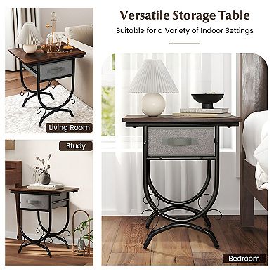 Living Room Side Table with Storage Drawer, Metal Frame, and Rustic Design - Black and Grey