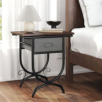 Living Room Side Table with Storage Drawer, Metal Frame, and Rustic Design - Black and Grey