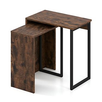 2 pc Nesting Side Table Set with Wood Tops and Metal Frame for Living Room