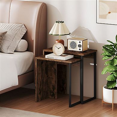 2-Piece Nesting Side Table Set with Wood Tops and Metal Frame for Living Room