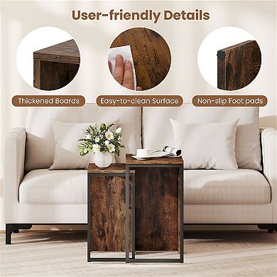 2-Piece Nesting Side Table Set with Wood Tops and Metal Frame for Living Room