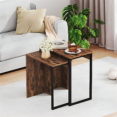 2-Piece Nesting Side Table Set with Wood Tops and Metal Frame for Living Room