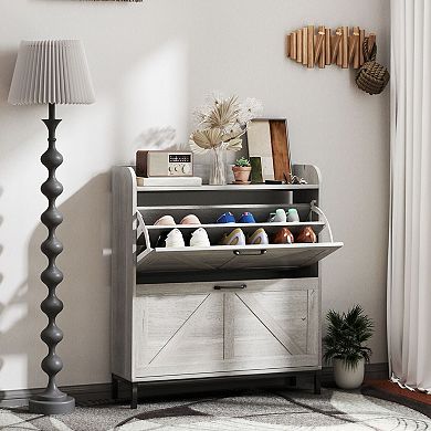 Farmhouse Shoe Storage Cabinet with Flip Drawers, Slim Entryway Organizer