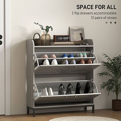Farmhouse Shoe Storage Cabinet with Flip Drawers, Slim Entryway Organizer