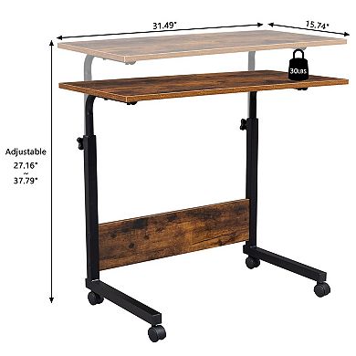 Adjustable Height C Table with Wheels, Sofa Side Laptop Desk - Rustic Brown
