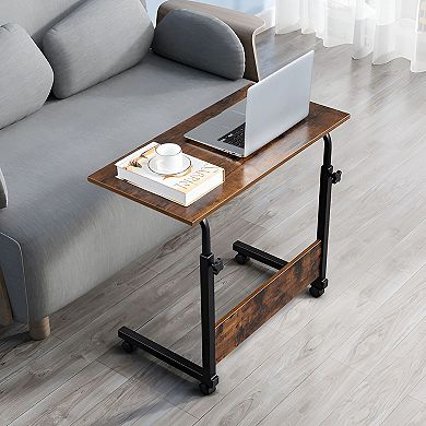Adjustable Height C Table with Wheels, Sofa Side Laptop Desk - Rustic Brown
