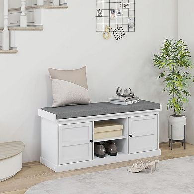 Entryway Shoe Storage Bench with Linen Cushion and Adjustable Shelves - White, Grey