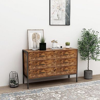 6-Drawer Industrial Storage Chest for Bedroom, Living Room, or Home Office - Rustic Brown