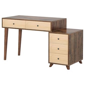 5-Drawer Computer Desk with Storage, Rustic Brown or Beige Finish, and Legroom