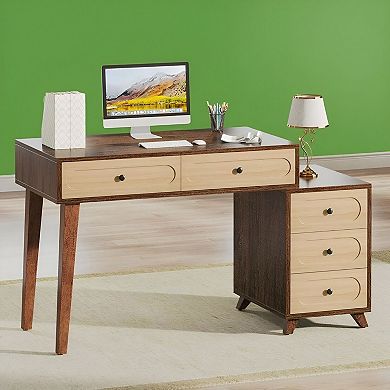 5-Drawer Computer Desk with Storage, Rustic Brown or Beige Finish, and Legroom