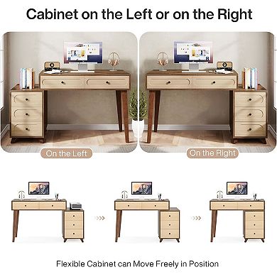 5-Drawer Computer Desk with Storage, Rustic Brown or Beige Finish, and Legroom