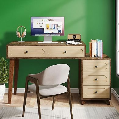 5-Drawer Computer Desk with Storage, Rustic Brown or Beige Finish, and Legroom