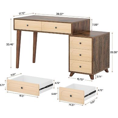5-Drawer Computer Desk with Storage, Rustic Brown or Beige Finish, and Legroom