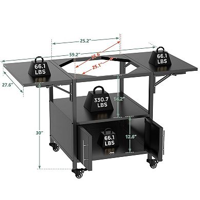 Kamado Grill Stand with Folding Side Shelves, Storage Shelf and Locking Wheels
