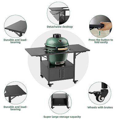 Kamado Grill Stand with Folding Side Shelves, Storage Shelf and Locking Wheels
