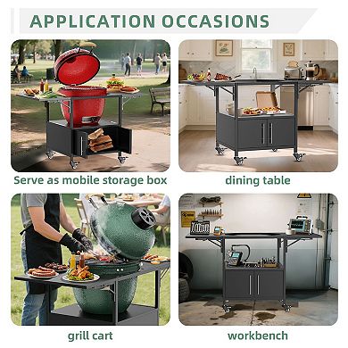 Kamado Grill Stand with Folding Side Shelves, Storage Shelf and Locking Wheels